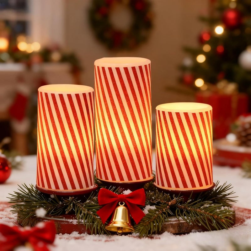 DRomance Christmas Flameless Candles Battery Operated with 6 Hour Timer, Real Wax Flickering LED Pillar Candles Candy Cane Decals Dinner Party Holiday Indoor Table Decor(3 Pack, 3" D x 4", 5", 6" H) - Image 4